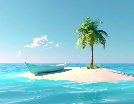 A serene islet with palm, boat, and clear turquoise water under a bright blue sky