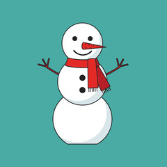 A cheerful snowman with a red scarf and carrot nose stands against a teal background, embodying winter joy and holiday spirit.