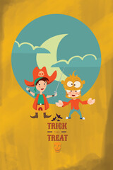 Fototapeta premium halloween two kids dressed as pirates and a witch are standing next to each other