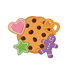 A delightful assortment of cookies and pretzels, including a chocolate chip cookie, heart-shaped cookie, star cookie, gingerbread man, and pretzel.