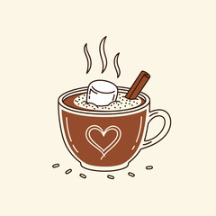 A warm and inviting illustration of a cozy cup of hot cocoa with a marshmallow and cinnamon stick, perfect for winter.