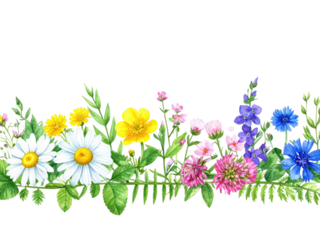 A vibrant border of assorted wildflowers and lush green foliage on a black background