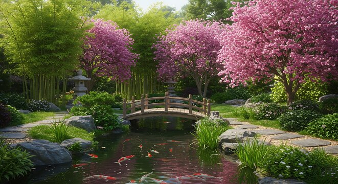 A serene Japanese garden scene featuring a pond, bridge, cherry blossoms, bamboo, and stone lanterns - Powered by Adobe