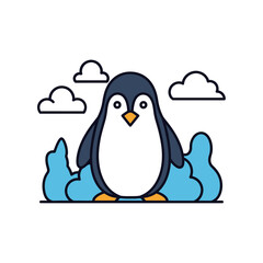 A charming illustration depicts a penguin standing on an iceberg with clouds in the background, showcasing a playful cartoon style and vibrant colors.
