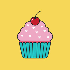 A delightful illustration of a cupcake, adorned with pink frosting, tiny white hearts, and a vibrant red cherry, set against a cheerful yellow background.