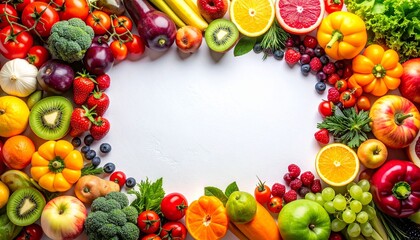 "Oval wreath of colorful fruits and vegetables on white background."