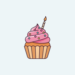 A delightful illustration of a cupcake with pink frosting, colorful sprinkles, and a lit candle, perfect for birthdays and celebrations.