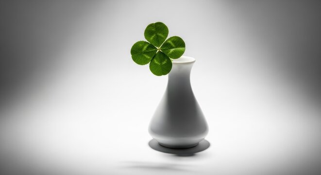 Vibrant four-leaf clover in white ceramic vase represents luck and prosperity