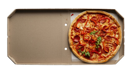 Pepperoni pizza with bell peppers and arugula in open carton box on transparent background