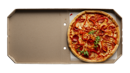 Pepperoni pizza with bell peppers and arugula in open carton box on transparent background