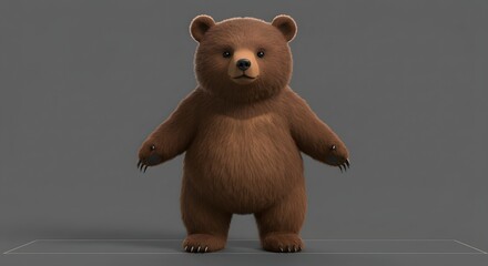 A rendered, fluffy brown bear cub stands facing the viewer on a neutral gray background