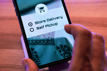 Online customer chose store delivery option over self pickup during online shopping. E-commerce marketing sales strategy concept.