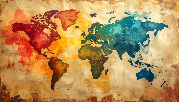 A colorful, abstract watercolor world map on textured paper, with a vintage aesthetic