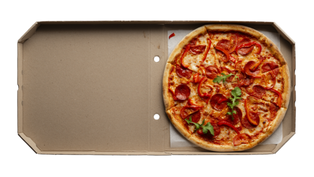 Pepperoni pizza with bell peppers and arugula in open carton box on transparent background
