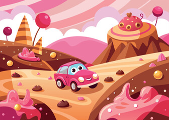 A whimsical candy land illustration with a pink car driving through a landscape of sweets and treats