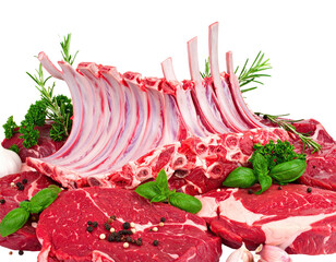 Raw meat cuts, including a rack of ribs, seasoned with herbs and spices