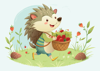 A cute hedgehog carrying a basket of strawberries isolated on white background