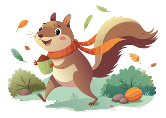 A cheerful squirrel wearing a scarf and holding a nut isolated on white background