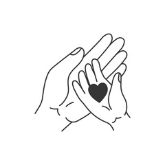 Parent and Child Palms Holding Heart Illustration. Cute vector line art of adult and baby hands with love symbol inside - safety, care, fatherhood, motherhood and compassion sign