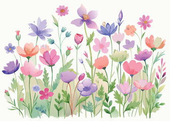 Watercolor painting of a vibrant flower garden with various colorful blooms isolated on white background