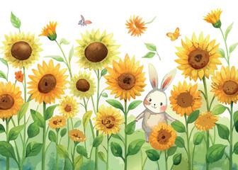 Watercolor painting of a sunflower field with a cute bunny rabbit isolated on white background