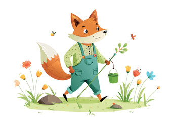 Watercolor illustration of a fox in overalls carrying a sapling isolated on white background