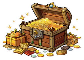 An overflowing treasure chest with gold coins and jewels isolated on white background, a symbol of wealth and prosperity