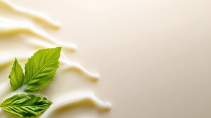 This scene features a creamy, white liquid flowing gracefully across a soft surface, accented by vibrant green basil leaves, creating a fresh and inviting culinary presentation