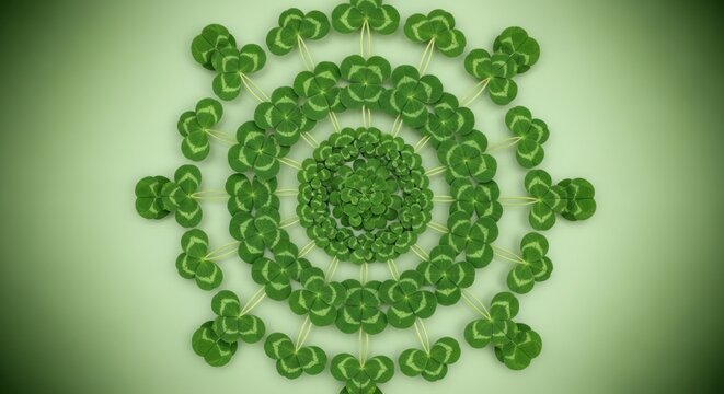 Mandala of green clovers artfully arranged symbolizing luck and nature's beauty