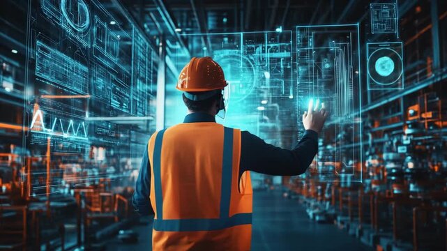 An engineer navigates a hightech warehous, using advanced technology and data visualization tools to enhance intelligent manufacturing and improve operational efficiency in a modern industrial setting - Powered by Adobe