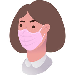 Pixelated Portrait Of A Woman Wearing A Pink Face Mask With Brown Hair And A Grey Collar Shirt With Transparent Background.