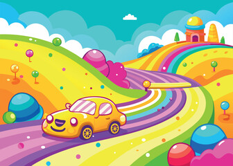 Cartoon yellow car driving on a rainbow road through a candy land with colorful hills and a castle