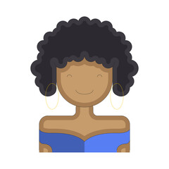 Pixelated Avatar Portrait of a Woman with Curly Black Hair and Hoop Earrings Wearing a Blue Off-the-Shoulder Top Against a Transparent Background