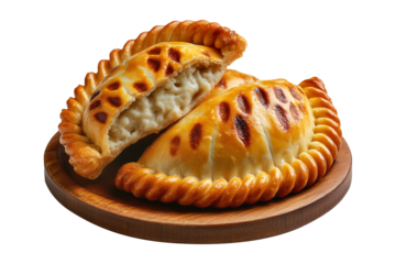 Fried baked pastry empanadas filled with ground beef cheese ham and crimped edges on wooden plate, isolated on white transparent background, concept of traditional Argentina snack