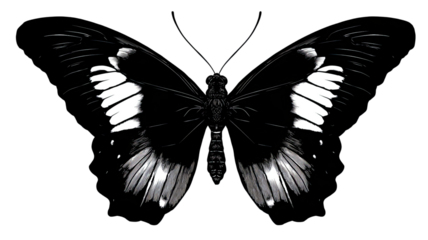 Elegant black and white butterfly with detailed patterned wings and delicate texture showcasing natural beauty isolated on white background