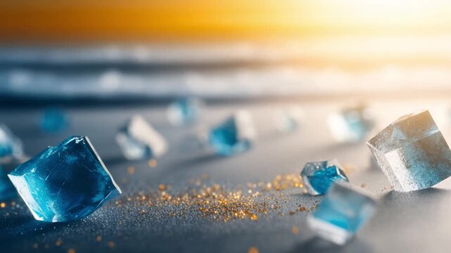 Crystalline Cubes: A close-up view presents a mesmerizing array of crystalline cubes, showcasing intricate geometric forms with translucent facets and subtle refractions under a soft, golden light.