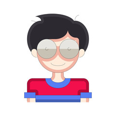 Pixelated cartoon boy with round glasses and dark hair wearing a red blue shirt against a transparent background neutral expression simple illustration