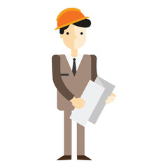 Pixelated cartoon engineer man wearing hard hat and suit holding blueprints with transparent background