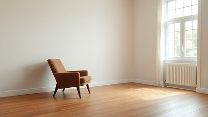 Empty living room featuring a mid-century modern chair, bathed in soft natural light for a serene and inviting atmosphere.