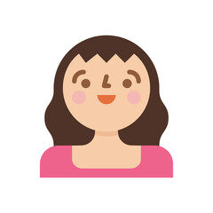 Pixelated cartoon portrait of a young woman with brown hair and rosy cheeks wearing a pink shirt against a transparent background smiling joyfully with a friendly expression