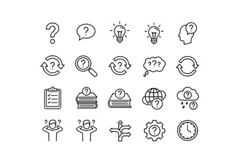 Question mark outline icon set. Vector symbols for FAQ, help, support center, and quiz. Concepts of problem solving, thinking, brainstorming, idea, search, and doubt. Thin line.