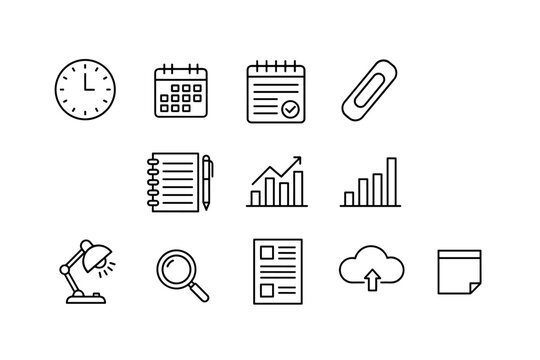 Business line icon set. Office work & productivity symbols. Time management, planning, data analysis, strategy. Clock, calendar, growth graph, report, search, cloud upload.