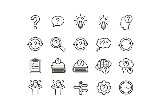 Question mark outline icon set. Vector symbols for FAQ, help, support center, and quiz. Concepts of problem solving, thinking, brainstorming, idea, search, and doubt. Thin line.