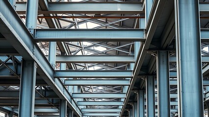 Obraz premium Industrial metal beams forming an abstract geometric composition in a construction setting with cool steel tones.