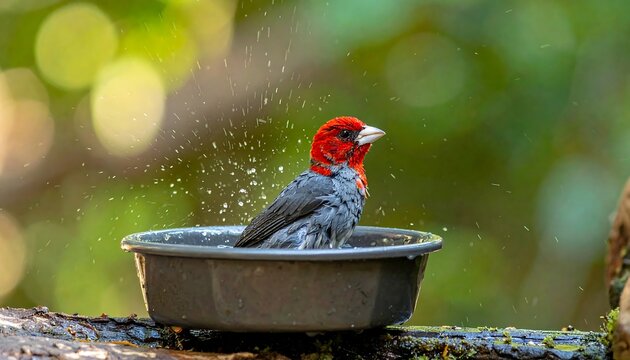 A small bird with vibrant red head and beak bathes in a shallow gray bowl of water - Powered by Adobe