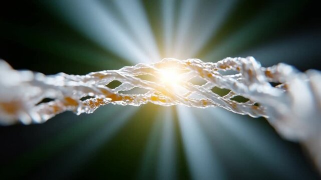 Intertwined Fibers of Resilience: A close-up view unveils a robust connection of intertwined fibers, emanating a radiant light, symbolizing strength and interconnectedness. 