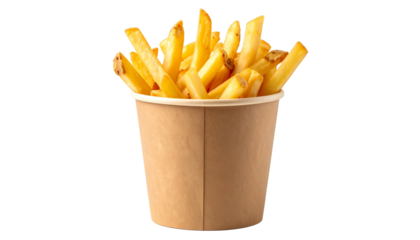 Fries on Brown Cup, Eye Level View, Isolated on Transparent Background