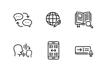 Language translation and communication icon set. Globe, dictionary, speech bubbles, and mobile app for global business. Voice recognition and online learning vector signs.