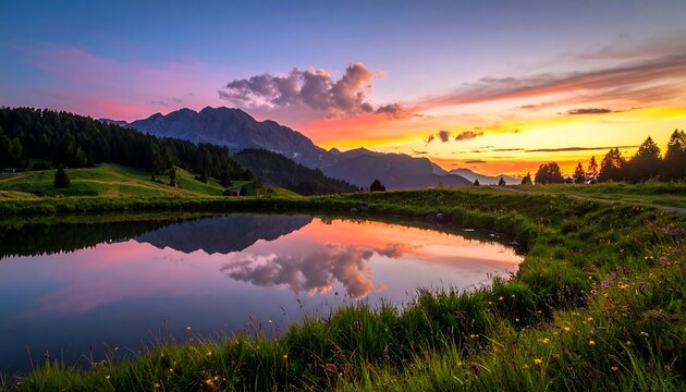 A serene lake reflects a vibrant sunset sky over rolling green hills and majestic mountain peaks
