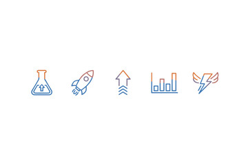 Business growth and startup icon set. Vector line icons for innovation, progress, and success. Rocket launch for boost, data analysis chart, fast energy, and development.